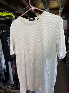 Theory Men’s Cream and White Striped Crew Tee